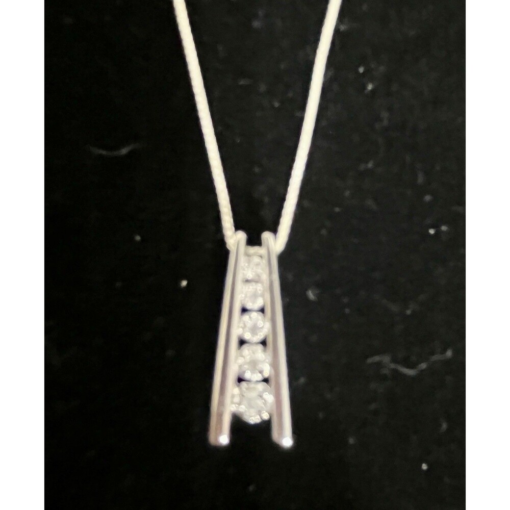 Sterling Silver M 925 Bar Pendant Necklace 5 CZ Stones Channel Set 18” Chain